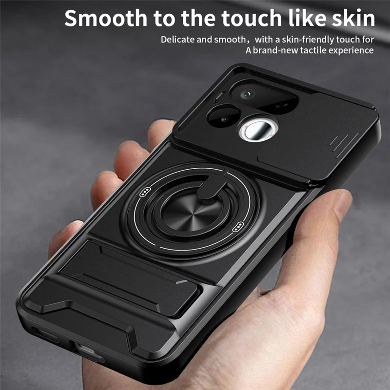For Realme 16T 5G Magnetic Case Ring Holder Foldable Kickstand TPU PC Phone Cover with Camera Lens Slider - Black