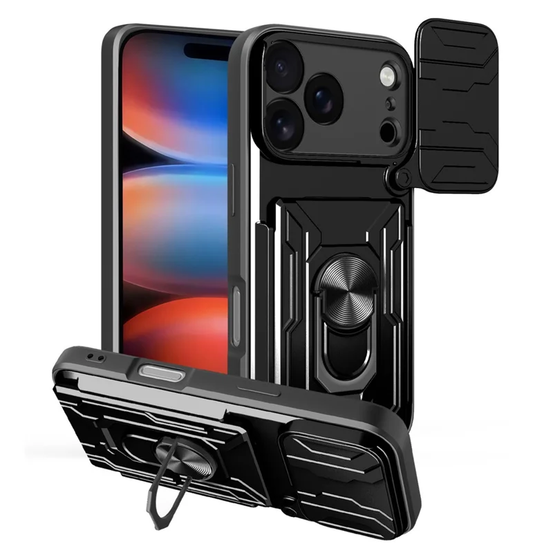 For iPhone 18 Pro / 17 Pro Case PC + TPU Kickstand Phone Back Cover with Camera Slider - Black