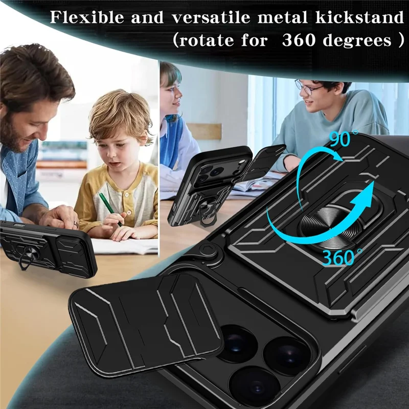 Til iPhone 18 Pro Max Case PC + TPU med fold ud klapholder og kamera skydebeskyttelse - Sort