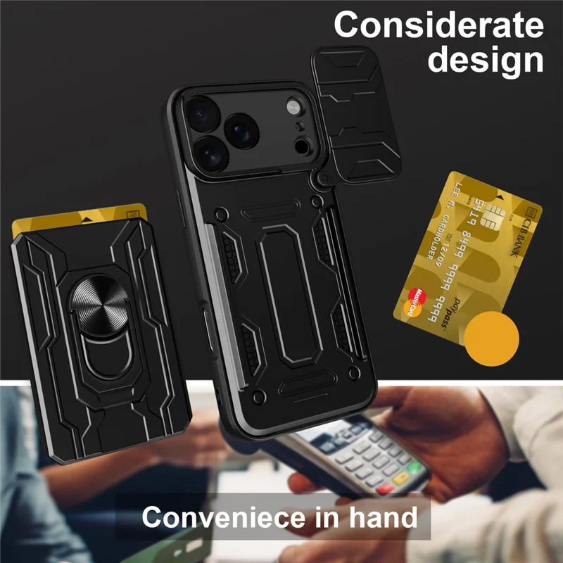 Til iPhone 18 Pro Max Case PC + TPU med fold ud klapholder og kamera skydebeskyttelse - Sort