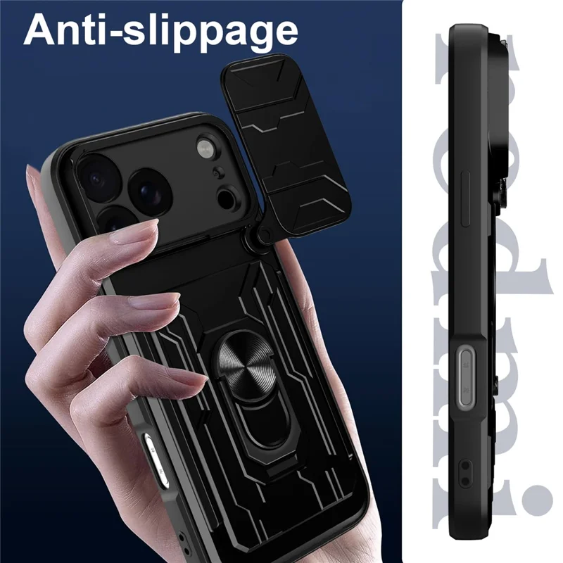 Til iPhone 18 Pro Max Case PC + TPU med fold ud klapholder og kamera skydebeskyttelse - Sort
