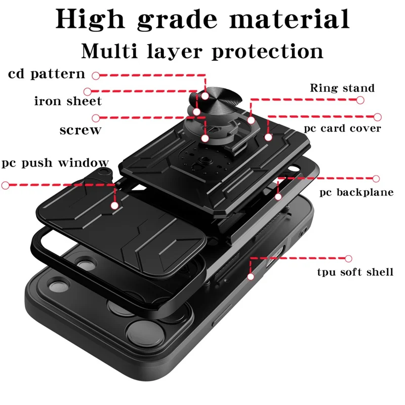 Til iPhone 18 Pro Max Case PC + TPU med fold ud klapholder og kamera skydebeskyttelse - Sort