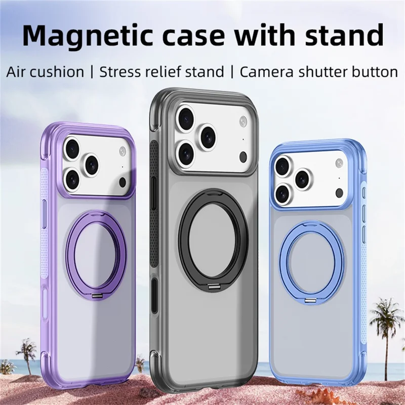 For iPhone 18 Pro / 17 Pro Case with Magnetic Kickstand Air Cushion Matte Translucent PC + TPU Phone Cover - White