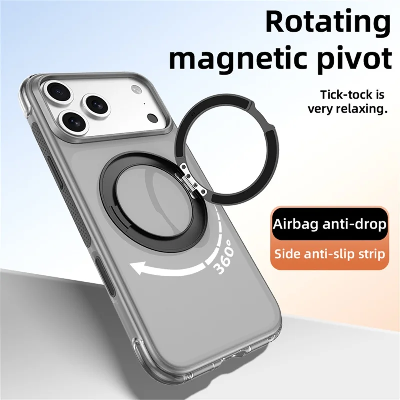 For iPhone 18 Pro Max / 17 Pro Max Case with Magnetic Kickstand Air Cushion Matte Translucent PC + TPU Phone Cover - Black