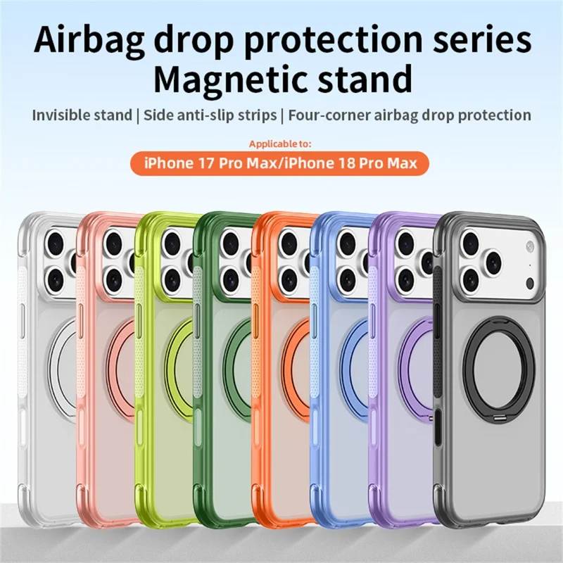 For iPhone 18 Pro Max / 17 Pro Max Case with Magnetic Kickstand Air Cushion Matte Translucent PC + TPU Phone Cover - Black