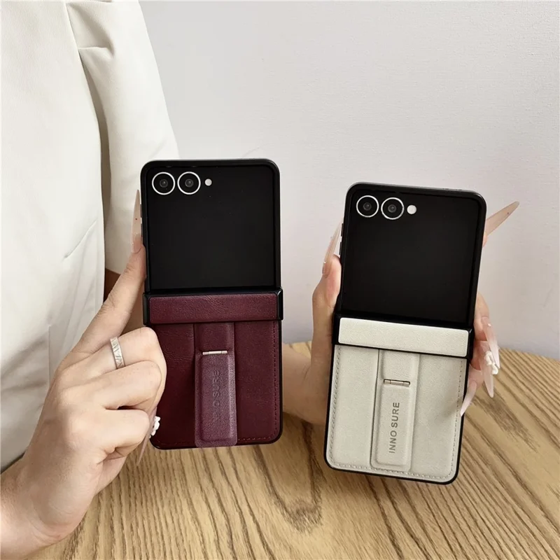 For Samsung Galaxy Z Flip8 Case with Invisible Kickstand Cowhide Texture Leather Coated PC+TPU Protective Cover - White