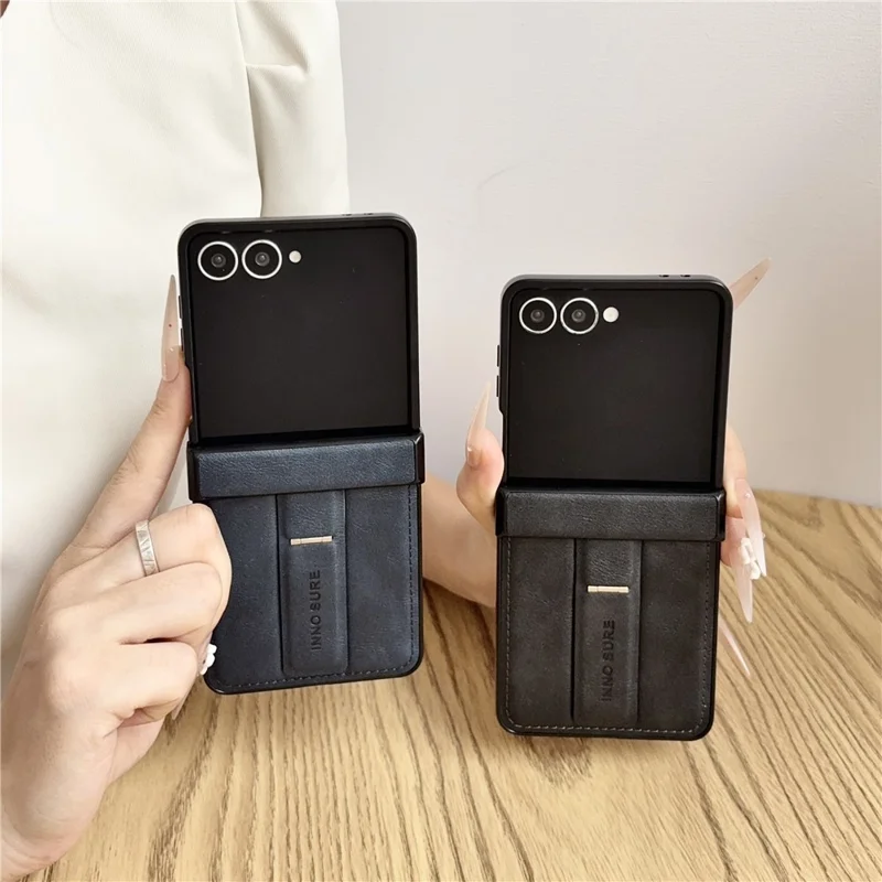 For Samsung Galaxy Z Flip8 Case with Invisible Kickstand Cowhide Texture Leather Coated PC+TPU Protective Cover - White