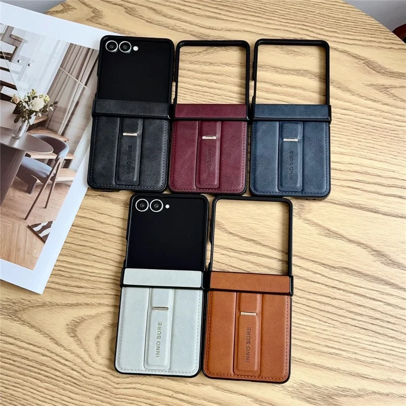 For Samsung Galaxy Z Flip8 Case with Invisible Kickstand Cowhide Texture Leather Coated PC+TPU Protective Cover - White