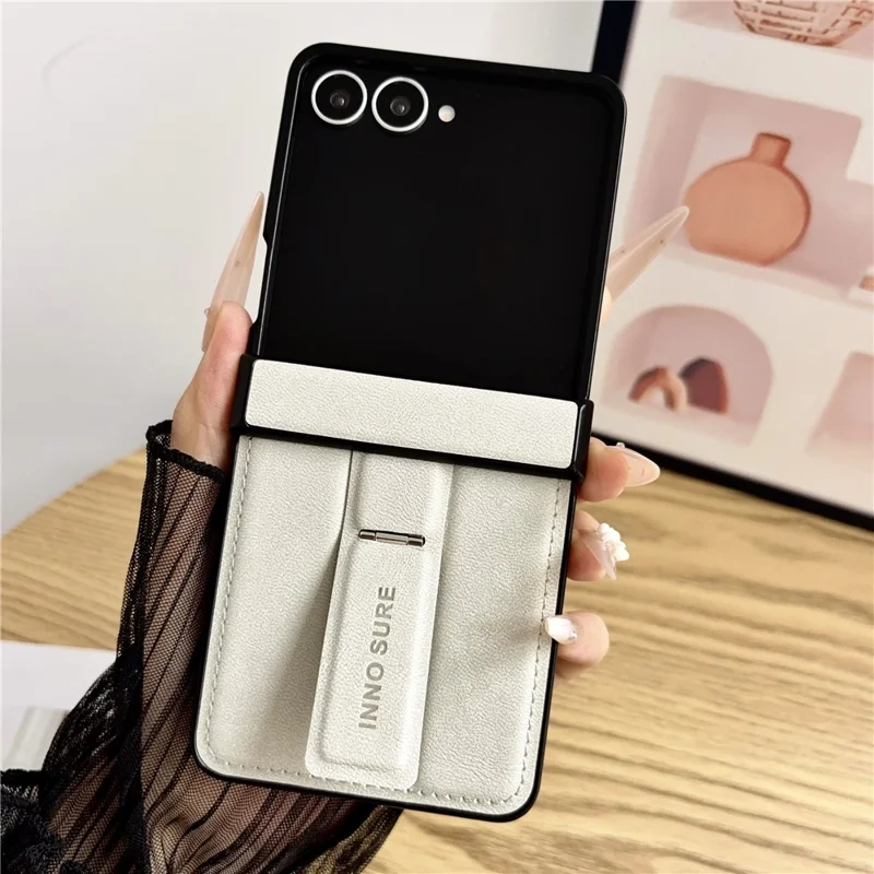 For Samsung Galaxy Z Flip8 Case with Invisible Kickstand Cowhide Texture Leather Coated PC+TPU Protective Cover - White