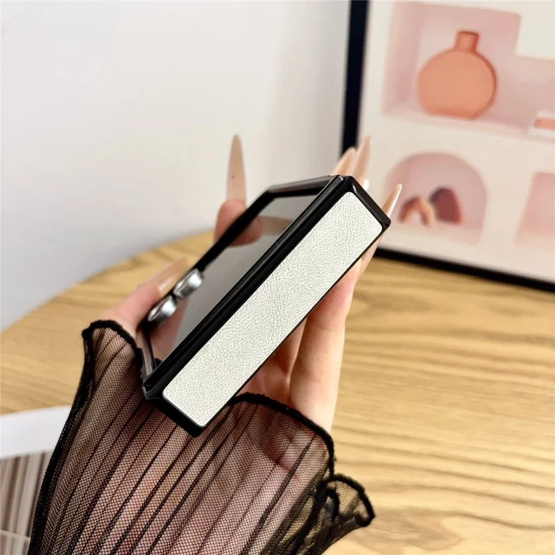 For Samsung Galaxy Z Flip8 Case with Invisible Kickstand Cowhide Texture Leather Coated PC+TPU Protective Cover - White