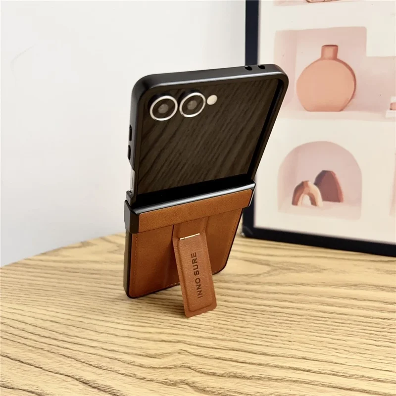 For Samsung Galaxy Z Flip8 Case with Invisible Kickstand Cowhide Texture Leather Coated PC+TPU Protective Cover - White