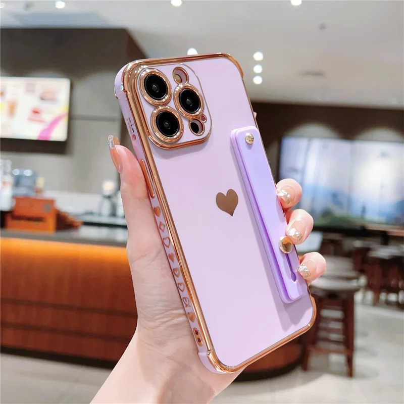 For iPhone 15 Pro Max Case with Strip Kickstand Electroplating Edge Love Heart Soft TPU Phone Cover - Purple