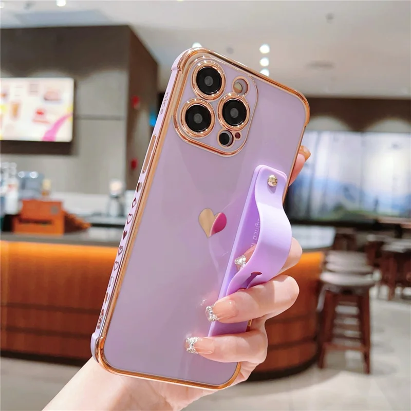 For iPhone 15 Pro Max Case with Strip Kickstand Electroplating Edge Love Heart Soft TPU Phone Cover - Purple