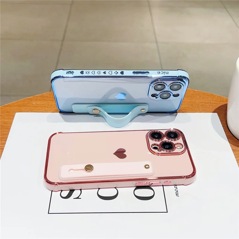 For iPhone 15 Pro Max Case with Strip Kickstand Electroplating Edge Love Heart Soft TPU Phone Cover - Purple