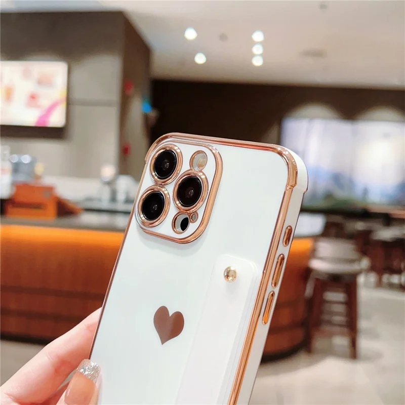 For iPhone 15 Pro Max Case with Strip Kickstand Electroplating Edge Love Heart Soft TPU Phone Cover - Purple