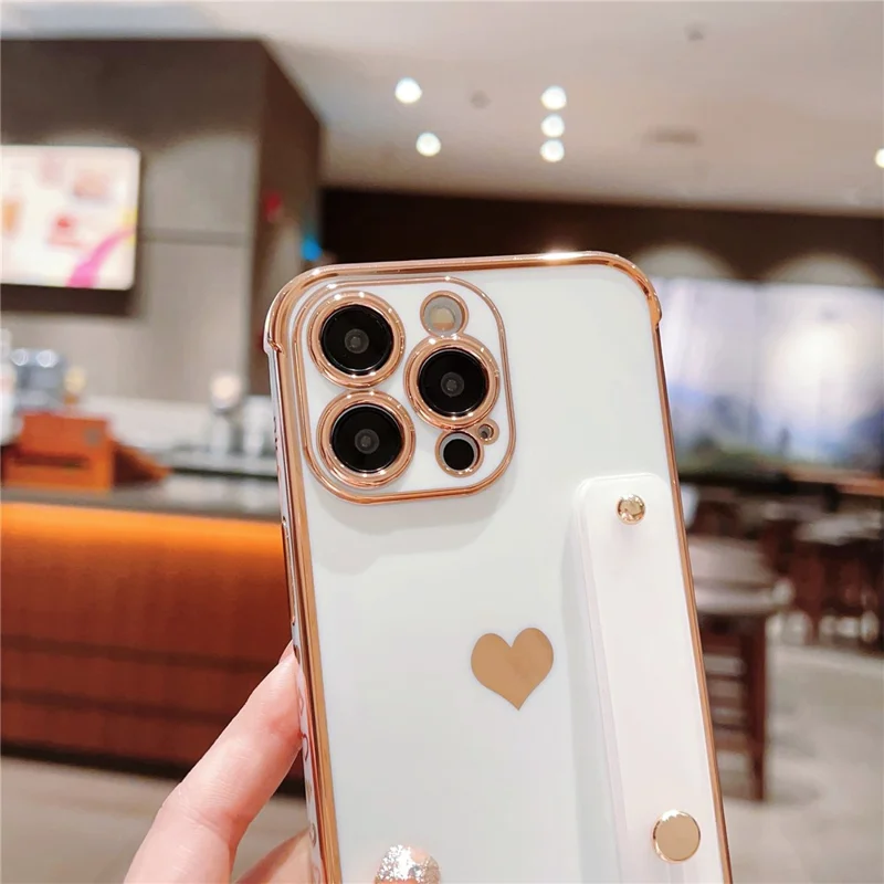 For iPhone 15 Pro Max Case with Strip Kickstand Electroplating Edge Love Heart Soft TPU Phone Cover - Purple
