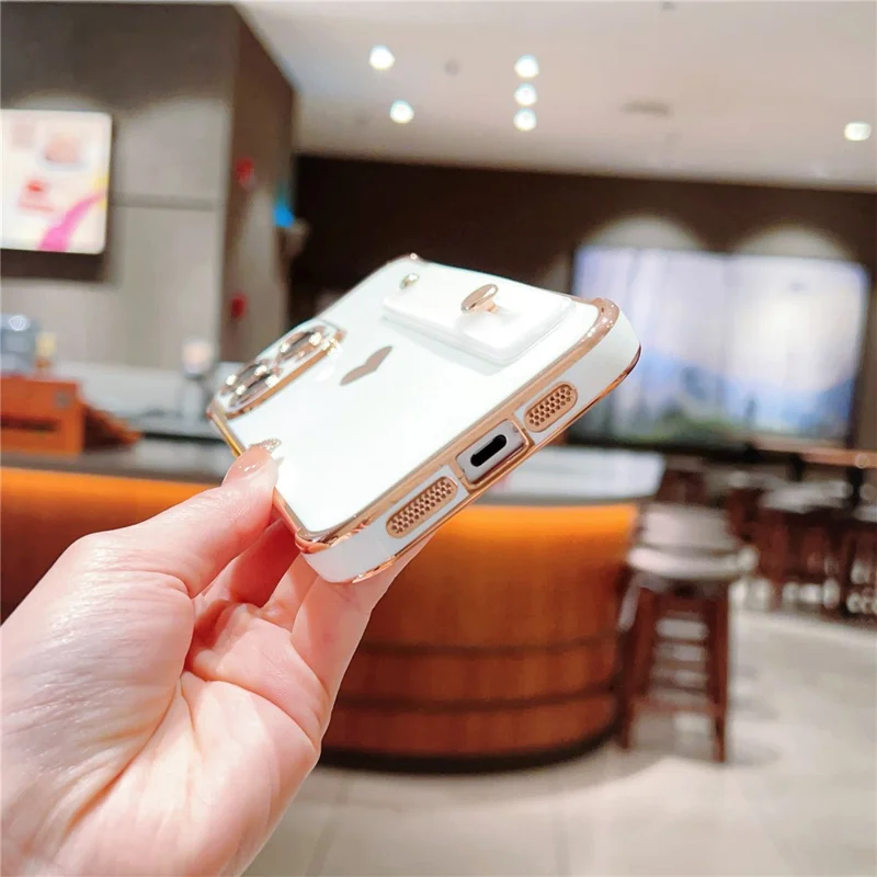 For iPhone 15 Pro Max Case with Strip Kickstand Electroplating Edge Love Heart Soft TPU Phone Cover - Purple