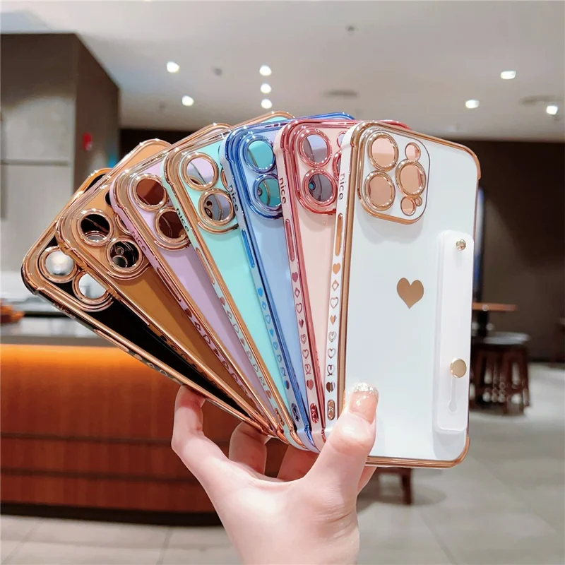 For iPhone 15 Pro Max Case with Strip Kickstand Electroplating Edge Love Heart Soft TPU Phone Cover - Purple