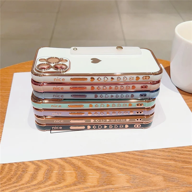 For iPhone 15 Pro Max Case with Strip Kickstand Electroplating Edge Love Heart Soft TPU Phone Cover - Purple