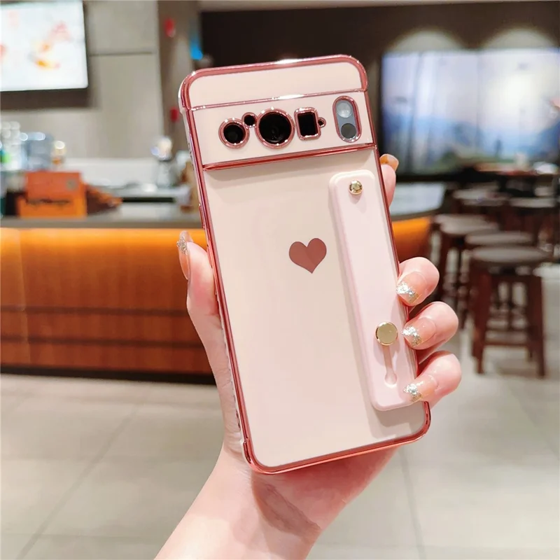 For Google Pixel 8 Pro Case with Strip Kickstand Electroplating Edge Love Heart Soft TPU Phone Cover - Pink