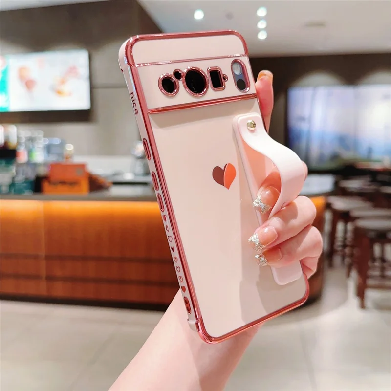 For Google Pixel 8 Pro Case with Strip Kickstand Electroplating Edge Love Heart Soft TPU Phone Cover - Pink