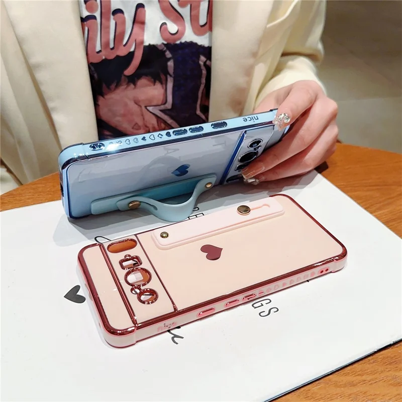 For Google Pixel 8 Pro Case with Strip Kickstand Electroplating Edge Love Heart Soft TPU Phone Cover - Pink