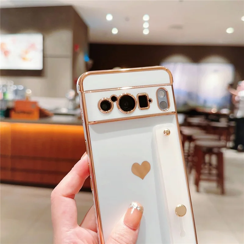 For Google Pixel 8 Pro Case with Strip Kickstand Electroplating Edge Love Heart Soft TPU Phone Cover - Pink