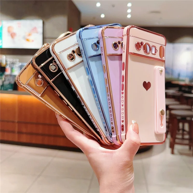 For Google Pixel 8 Pro Case with Strip Kickstand Electroplating Edge Love Heart Soft TPU Phone Cover - Pink