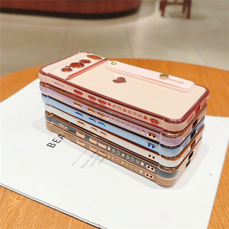 For Google Pixel 8 Pro Case with Strip Kickstand Electroplating Edge Love Heart Soft TPU Phone Cover - Pink