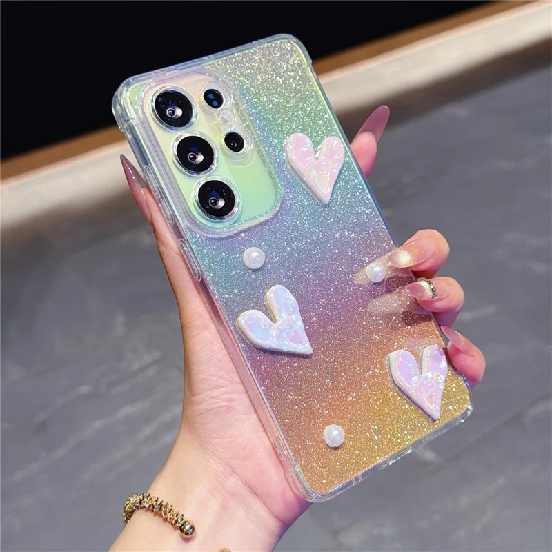 ForSamsung Galaxy S26 Ultra Case Heart Decor Clear TPU Phone Cover with Colorful Gradient Glitter Paper - Iridescent Gold - 1