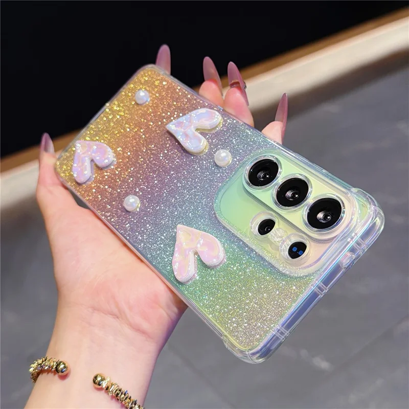 ForSamsung Galaxy S26 Ultra Case Heart Decor Clear TPU Phone Cover with Colorful Gradient Glitter Paper - Iridescent Gold - 2