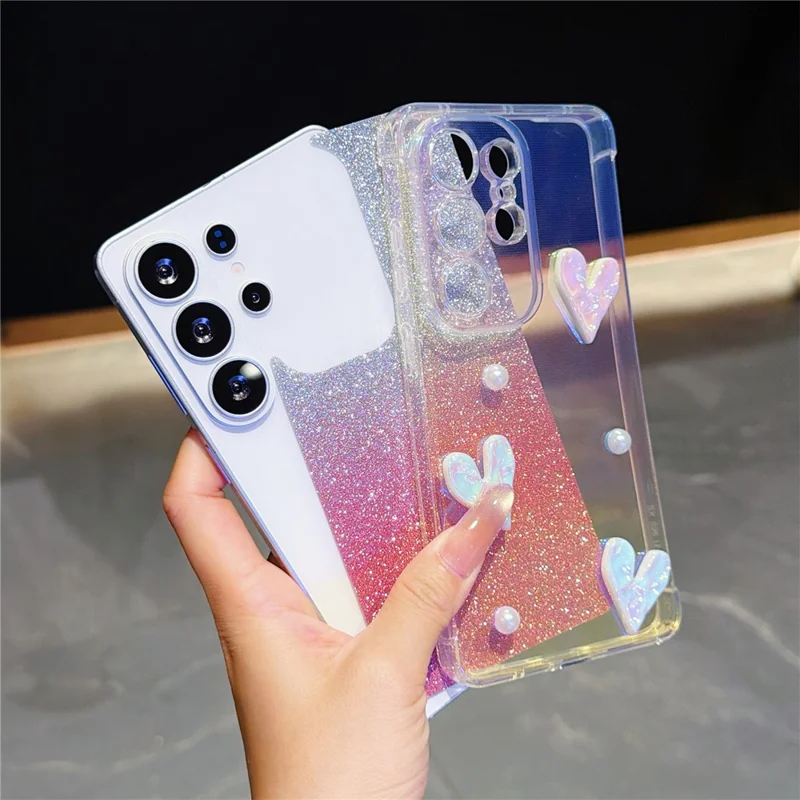 ForSamsung Galaxy S26 Ultra Case Heart Decor Clear TPU Phone Cover with Colorful Gradient Glitter Paper - Iridescent Gold - 3