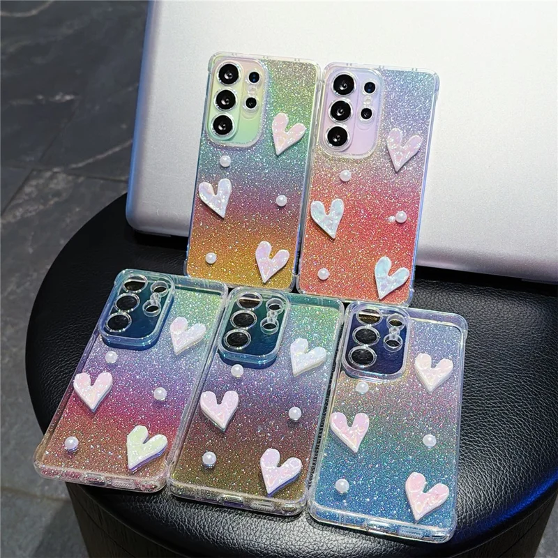 ForSamsung Galaxy S26 Ultra Case Heart Decor Clear TPU Phone Cover with Colorful Gradient Glitter Paper - Iridescent Gold - 6