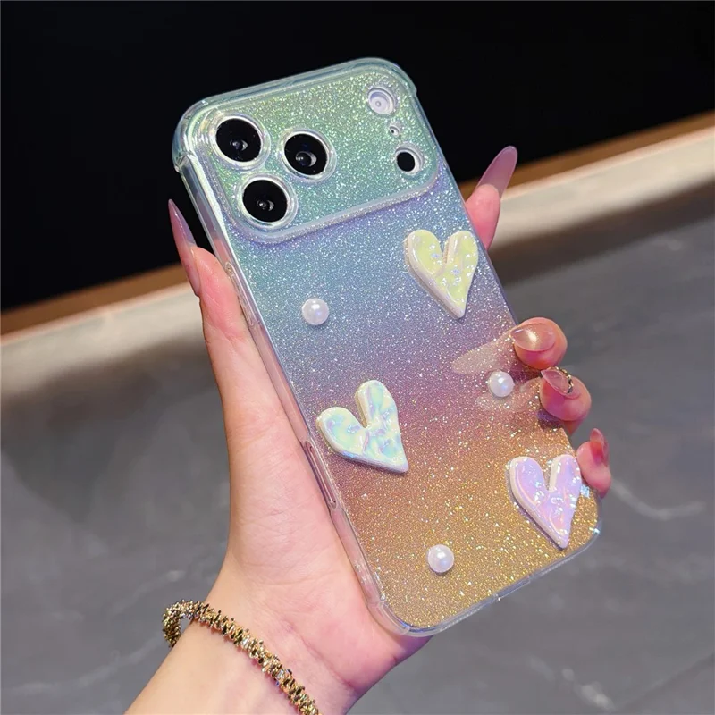 For iPhone 17 Pro Max Case Heart Decor Clear TPU Phone Cover with Colorful Gradient Glitter Paper - Iridescent Gold