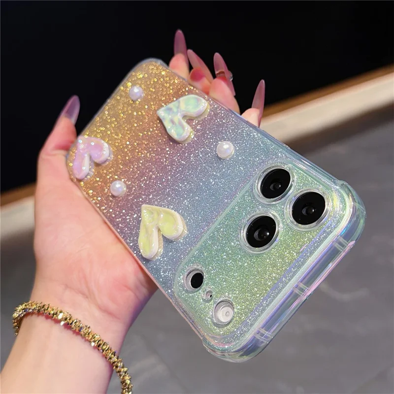 For iPhone 17 Pro Max Case Heart Decor Clear TPU Phone Cover with Colorful Gradient Glitter Paper - Iridescent Gold