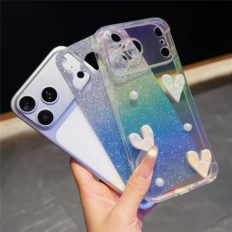 For iPhone 17 Pro Max Case Heart Decor Clear TPU Phone Cover with Colorful Gradient Glitter Paper - Iridescent Gold