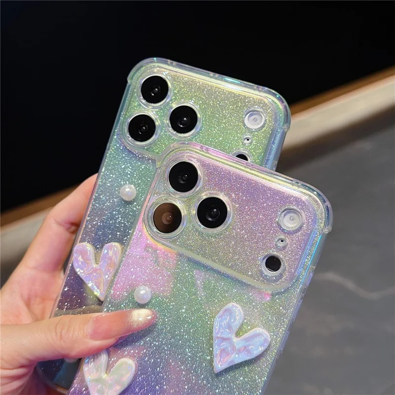 For iPhone 17 Pro Max Case Heart Decor Clear TPU Phone Cover with Colorful Gradient Glitter Paper - Iridescent Gold
