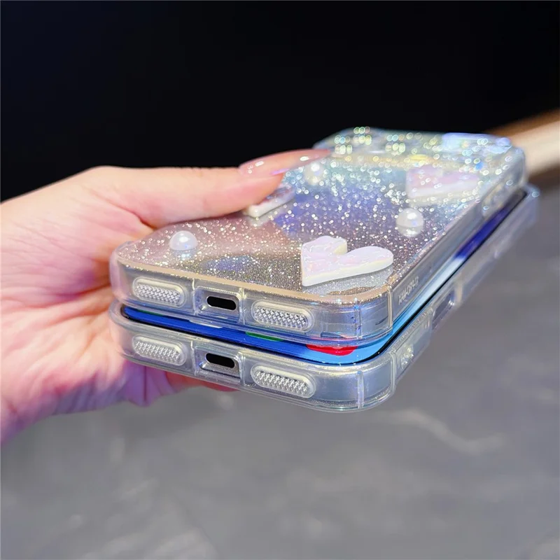 For iPhone 17 Pro Max Case Heart Decor Clear TPU Phone Cover with Colorful Gradient Glitter Paper - Iridescent Gold