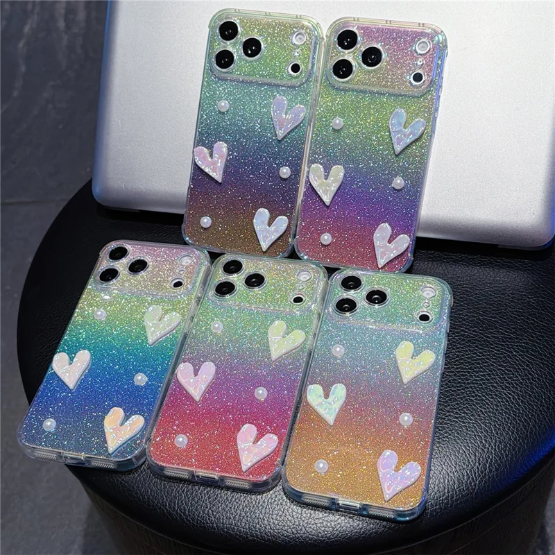 For iPhone 17 Pro Max Case Heart Decor Clear TPU Phone Cover with Colorful Gradient Glitter Paper - Iridescent Gold