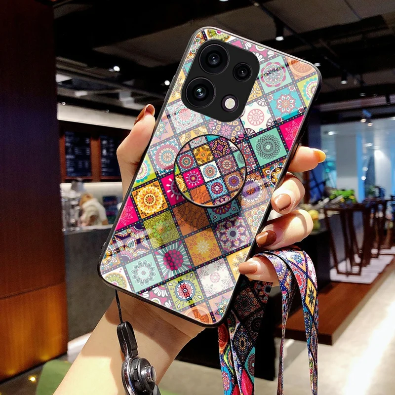 For Oppo Reno16 F 5G Phone Case Kickstand Ethnic Pattern Tempered Glass Phone Cover with Strap - Color Pattern