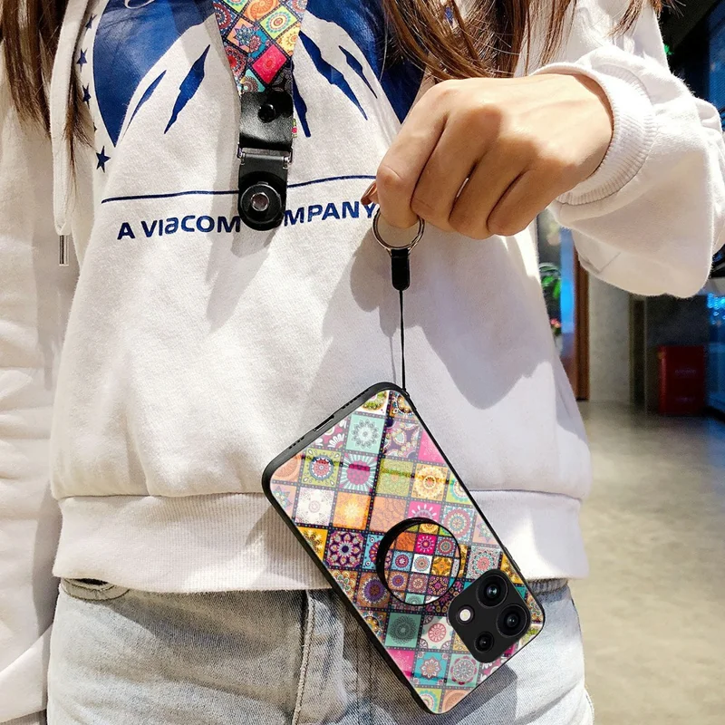 For Oppo Reno16 F 5G Phone Case Kickstand Ethnic Pattern Tempered Glass Phone Cover with Strap - Color Pattern