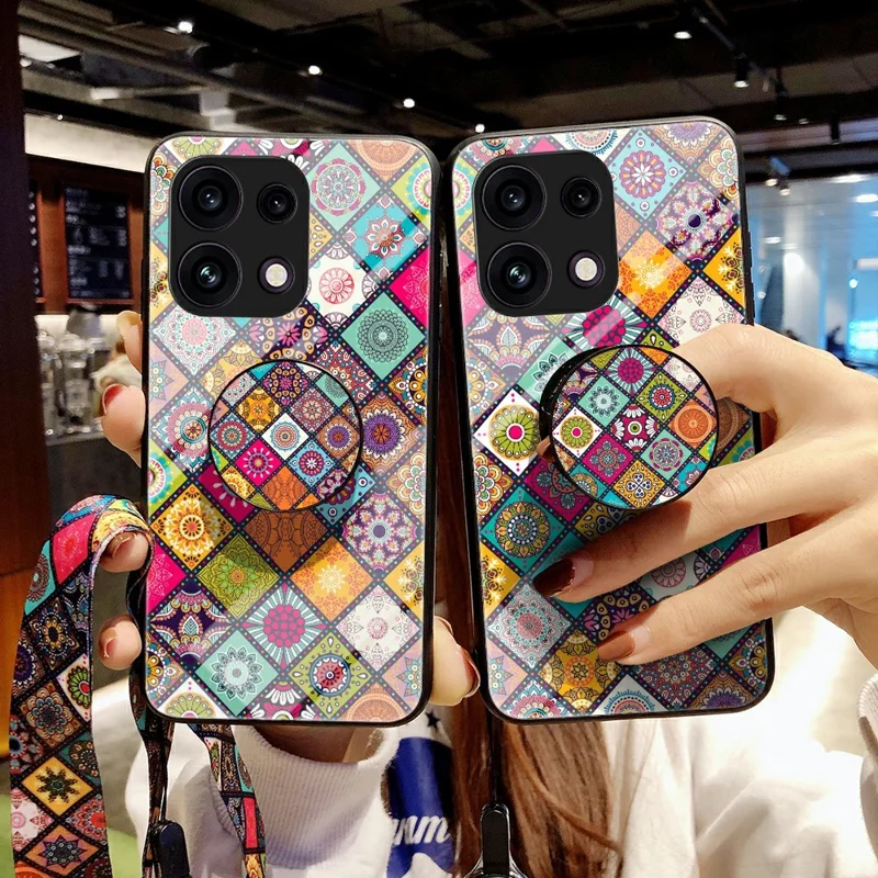 For Oppo Reno16 F 5G Phone Case Kickstand Ethnic Pattern Tempered Glass Phone Cover with Strap - Color Pattern