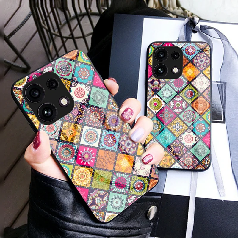 For Oppo Reno16 F 5G Phone Case Kickstand Ethnic Pattern Tempered Glass Phone Cover with Strap - Color Pattern