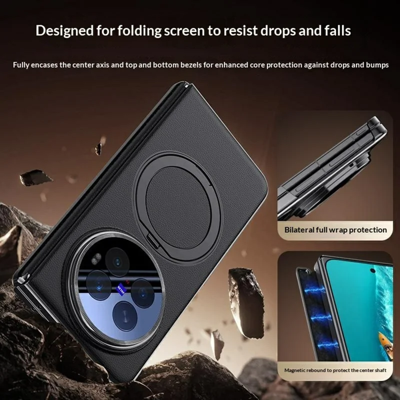For vivo X Fold6 5G Magnetic Case with Tempered Glass Lens Protector 360° Rotating Ring Kickstand Protective Cover - Black