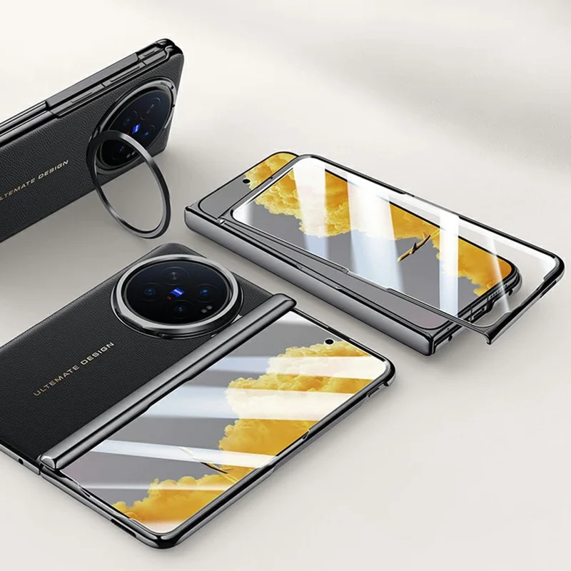 For vivo X Fold6 5G Case with Tempered Glass Screen Protector Lens Kickstand Electroplated Phone Cover - Black
