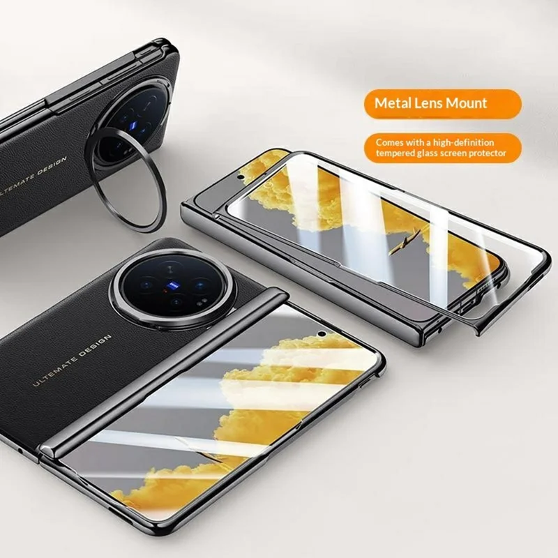 For vivo X Fold6 5G Case with Tempered Glass Screen Protector Lens Kickstand Electroplated Phone Cover - Black