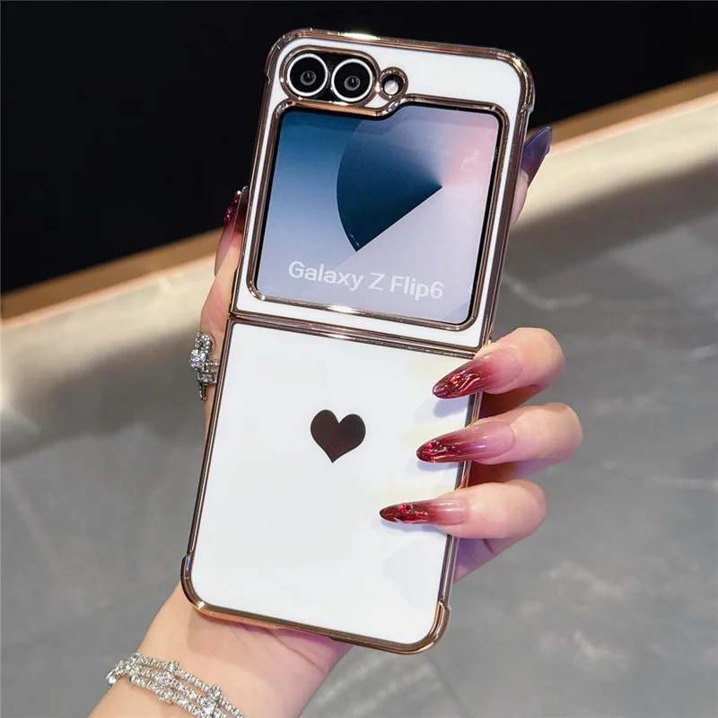 For Samsung Galaxy Z Flip7 FE 5G / Z Flip6 5G Case TPU Phone Back Cover Electroplating Heart Pattern - Ivory White