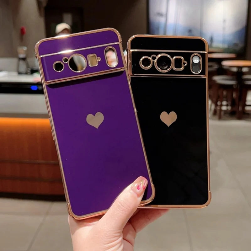 For Google Pixel 8 Pro Case TPU Phone Back Cover Electroplating Heart Pattern - Ivory White