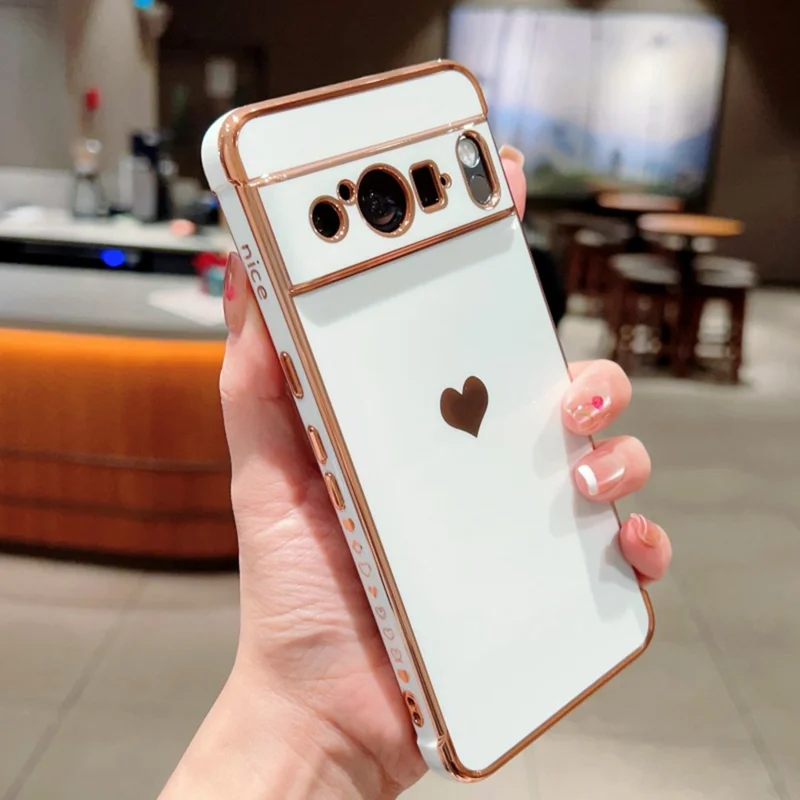 For Google Pixel 8 Pro Case TPU Phone Back Cover Electroplating Heart Pattern - Ivory White