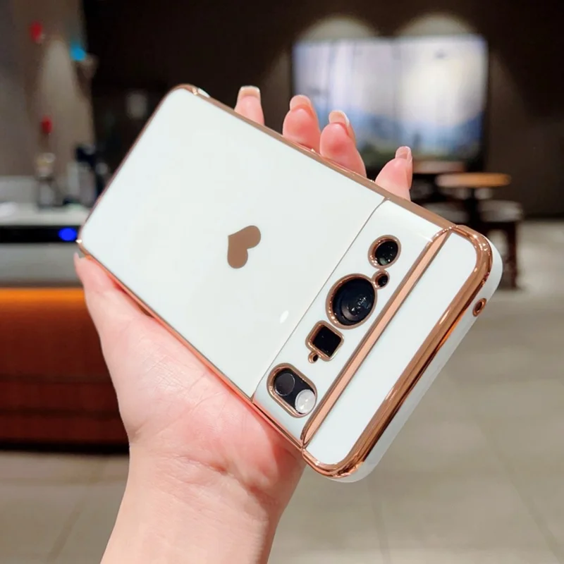 For Google Pixel 8 Pro Case TPU Phone Back Cover Electroplating Heart Pattern - Ivory White